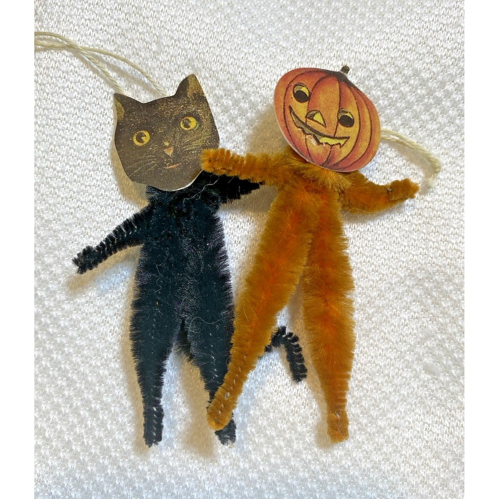 Vintage 2 Pc Halloween Pipe Cleaner Chenille Ornaments Black Cat & Jack Pumpkin
